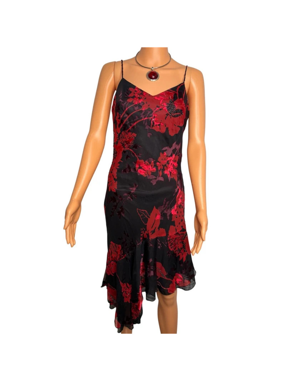 Vintage Y2K Romantic Black Red Floral Beaded Silk Asymmetrical Hem Slip Dress
